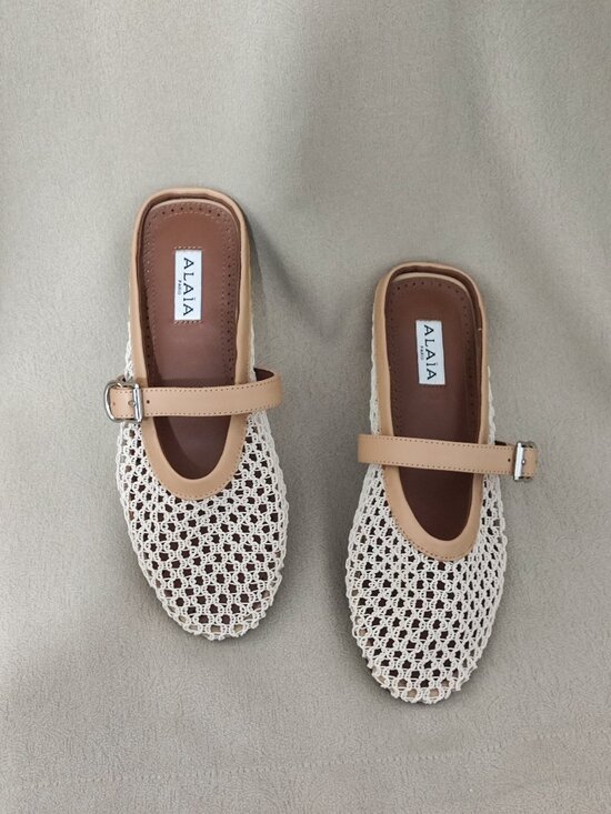 Alaia Shoes - ALAÏA nude woven mesh Mary Jane mules with a single buckle.